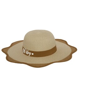 Wifey, heart print paper straw floppy beach sun hat honeymoon new Mrs - flower shape - light brown/brown