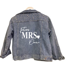 Personalised future Mrs (your name) print wedding bridal engagement hen bachelorette denim jacket with pearl detail and heart design