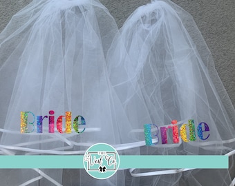 Set of 2 rainbow SPARKLE print Bride hen party veils - bride, bridal - bold print