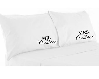 Personalised couple Mr Mrs/ Mr Mr/ Mrs Mrs your surname pillowcase pair - wedding engagement married anniversary - white