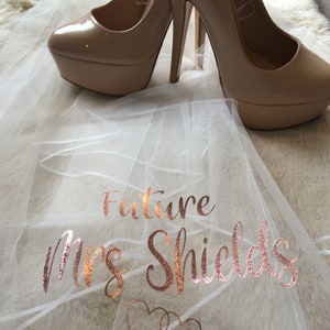 Personalised Future Mrs (Your Name) hen party veil - bride, bridal - rose gold print