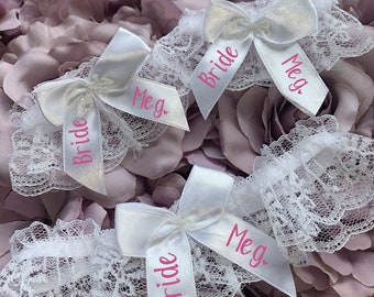 Personalised  Bride, your name print hen party  lace garter 3 piece set