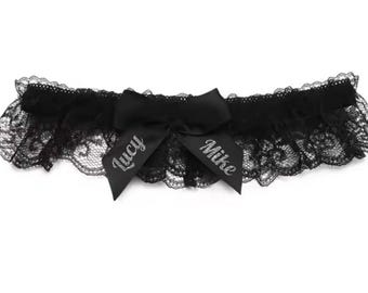 Personalised glitter bridal BLACK lace garter - your names - hen - wedding - bride - married alternative goth rock
