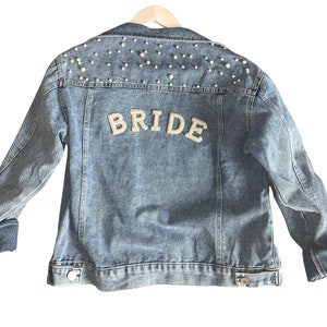 Personalised wedding bridal denim jacket with pearl detail and bride patches