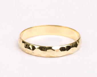 Wide hammered gold ring, men hammered rings