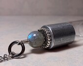 Labradorite, distressed silver tone rollerball bottle, essential oil vial, roller ball necklace, precious oil keeper