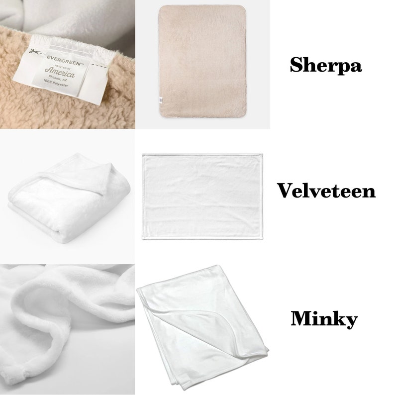 May include: A collection of blankets in various textures. The top-left shows a tag that reads "EVERGREEN" and "Made in America". The blankets include Sherpa, Velveteen, and Minky styles, each with a distinct appearance and feel. The Sherpa blanket is beige.