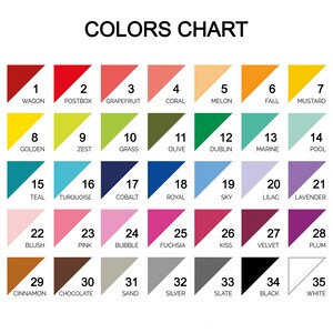Puede incluir: Una carta de colores con 35 muestras de colores diferentes dispuestas en una cuadr&iacute;cula. Cada muestra est&aacute; etiquetada con un n&uacute;mero y un nombre de color. Los colores incluyen vag&oacute;n, buz&oacute;n, pomelo, coral, mel&oacute;n, oto&ntilde;o, mostaza, dorado, c&aacute;scara, hierba, oliva, dubl&iacute;n, marino, piscina, azul verdoso, turquesa, cobalto, real, cielo, lila, lavanda, rubor, rosa, burbuja, fucsia, beso, terciopelo, ciruela, canela, chocolate, arena, plata, pizarra, negro y blanco.