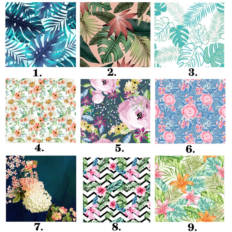 May include: Nine different floral and tropical patterns, each with a number from 1 to 9. The patterns include pink flowers, blue flowers, green leaves, and orange flowers.