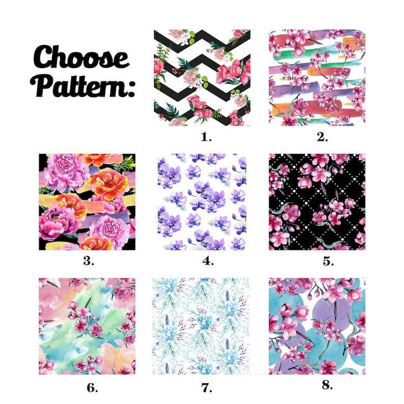 Puede incluir: Ocho patrones florales diferentes para elegir. Los patrones presentan flores rosas, moradas, azules y blancas sobre una variedad de fondos, incluyendo dise&ntilde;os abstractos negros, blancos y coloridos.