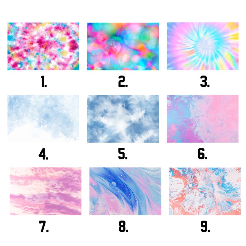 May include: Nine colorful abstract backgrounds. The images include tie-dye, watercolor, and fluid art designs. Colors range from pink, blue, and yellow to multi-colored bokeh effects. Each image is numbered 1 through 9.