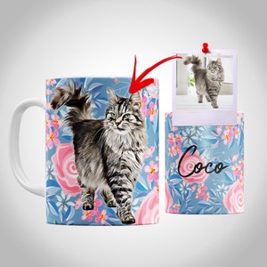 Customized Pet Portrait Mug, Pet Mug with Floral backgrounds, Custom Pet Mug, Personalized Cat Mug, Pet Coffee Cup, Custom Cat Mug