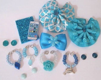 Littlest Pet Shop LPS 12 PC Clothes BLUE Accessories Custom Skirts Bow Necklaces Toy Set Lot