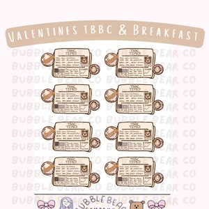 May include: A sheet of 8 Valentine's Day themed stickers featuring a cartoon bear holding a coffee cup and reading a newspaper with the headline "TBBC Times". The stickers are designed for use in a planner or journal.