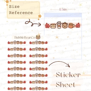 Könnte beinhalten: Eine 1,5 Zoll große Herbst-Sticker-Tafel mit einem sich wiederholenden Muster aus einem Bären, einer Tasse Kaffee, einer Kerze und Herbstblättern. Die Sticker-Tafel ist mit "Sticker Sheet" beschriftet.