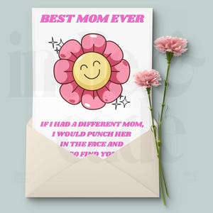 Art numérique amusant avec des fleurs et de l'humour. Carte postale amusante et pleine d'esprit pour la fête des mères, parfaite pour un cadeau léger pour maman pour son jour spécial.