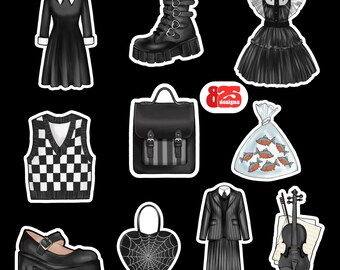 Wednesday Addams Sticker Set: Dark Academia Goth Stickers, Nevermore Academy Uniform, Cello & Piranha Vinyl Decals, 10pc Waterproof Set