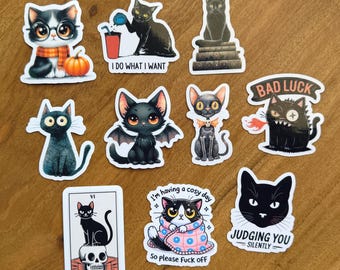 Sassy Black Cat Sticker Set: Waterproof Laptop, Water Bottle Decals