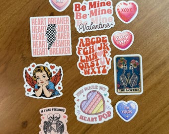 Retro Valentine Sticker Bundle: 11 Piece Curated Set with Skeleton Tarot and Candy Hearts