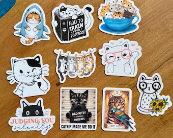 Funny Cat 10pc Sticker Set: Sassy Kitty Mugshot and Shark Cat Lover Gift Pack