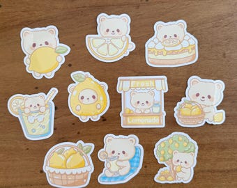 Lemon Bear Sticker Set: Kawaii Citrus Vinyl Decals, Gamer Gift (10pc Pack)