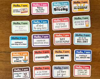 Hello, I Am 20-Piece Mini Sarcastic Sticker Set Tiny Adult Humor Name Tag Stickers
