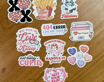 Anti Valentine 10pc Sticker Set: Single Life, Fries Before Guys, Sassy Hearts, Funny Cupid