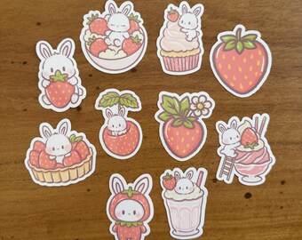 Strawberry Bunny Sticker Set: Kawaii, Weatherproof Vinyl (10pc Pack)