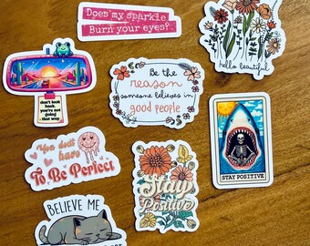 Positive Affirmation Stickers, Retro Floral Vinyl, Sarcastic Motivation (8-Pack)