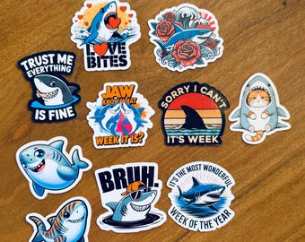 Shark Week 10pc Sticker Set: Jawsome Gift for Shark Lovers, Marine Life Pack