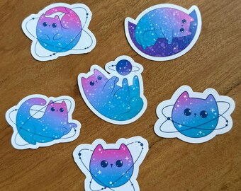 Galaxy Cat Sticker Set: Kawaii Celestial Space Kitten Pack for Laptops and Kindles, holographic