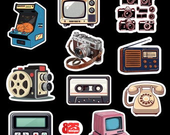 Retro Tech Stickers: 80s, 90s, Y2K Cassette, Arcade Vinyl Decals (10pc)