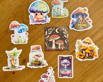 Cottagecore Mushroom 10pc Sticker Set: Whimsical Goblincore Nature Gift for Kindle and Water Bottles