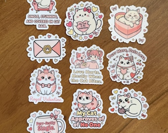 Cat Valentine 10pc Sticker Set: Single Life, Cat Lover Gift and Anti-Valentine Bundle, kawaii