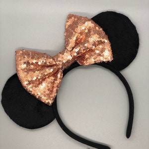 Różowozłote kokardki Disneya, cekinowe uszy myszy, uszy Myszki Minnie, uszy Myszki Miki, uszy Myszki Minnie, uszy Myszki Miki, uszy Disneya, Disney World