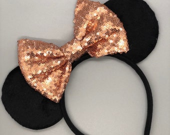 Orejas Disney con lazo dorado rosa, orejas de ratón con lentejuelas, orejas de Minnie Mouse, orejas de Mickey Mouse, orejas de Minnie, orejas de Mickey, orejas de Disney, Disney World