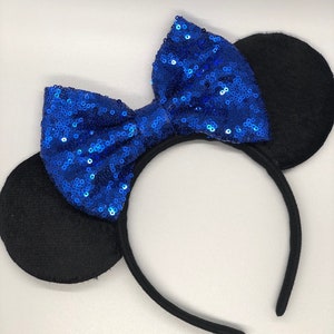Uszy Disneya z niebieską kokardką, uszy Myszki z cekinami, uszy Myszki Minnie, uszy Myszki Miki, uszy Myszki Minnie, uszy Miki, uszy Disneya, Disney World, Disney