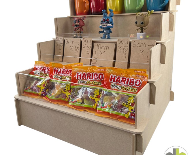 4 Tiered Wooden Craft FAIR DISPLAY STAND Retail Cnc Cut 6mm 50cm shelf length x 10cm step x 10cm riser Premium Mdf *Hannah450*