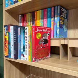 May include: A wooden bookshelf filled with colorful children's books. Titles include "Gangsta Granny" by David Walliams and "Charlie and the Great Glass Elevator" by Roald Dahl. The shelf is made of light-colored wood.