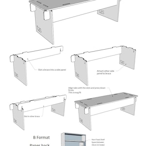 May include: Assembly instructions for a Billy Book Riser, a flat-pack furniture piece. The image shows the assembled riser and its components, with text indicating assembly steps. The design includes slots and tabs for easy construction. The image also shows a bookshelf with dimensions.