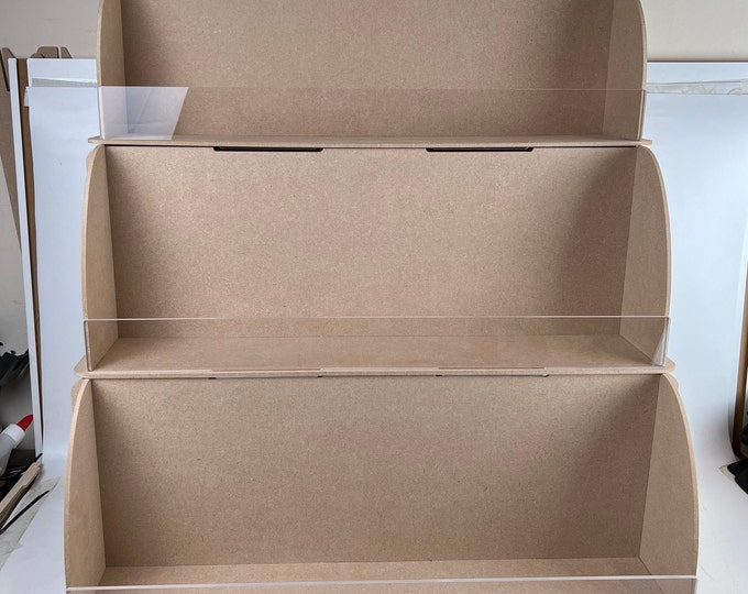 3 Tiered Wooden Craft FAIR Point of sale Full View 20cm Risers with clear 5cm front stoppers