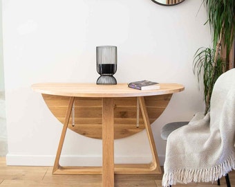 Compact, Drop-leaf, Foldable table solid oak round dining table. Raw oak wood effect finish.  Kitchen/living room, hall table SLICE SLIMMY