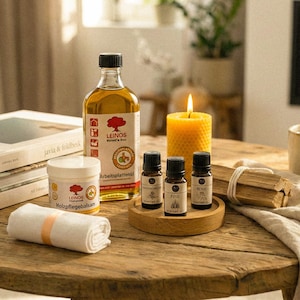 Może przedstawiać: Rustykalny drewniany stół prezentuje produkty wellness. Przedmioty obejmują butelkę oleju, małe butelki z olejkami eterycznymi, świecę, kubek, książki i zwinięty ręcznik. Produkty są ułożone w temacie spa lub relaksu.