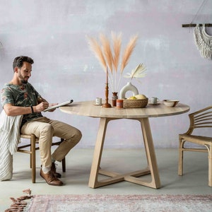 Extendable/Nonextendable round dining table Raw oak wood effect finish Round wood dining table Oak kitchen table SLICE ROUND Boho table