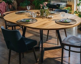 Round extendable/non-extendable table of solid oiled wood FJÄRIL BLACK. Oak table for kitchen & dining room. Scandinavian, Art Deco, Boho