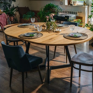 Round extendable/non-extendable table of solid oiled wood FJÄRIL BLACK. Oak table for kitchen & dining room. Scandinavian, Art Deco, Boho