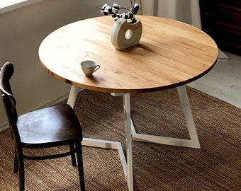 Table ronde extensible, table en bois massif, plateau rond huilé, cadre blanc, pour cuisine, salle à manger, style scandinave, FJÄRIL WHITE