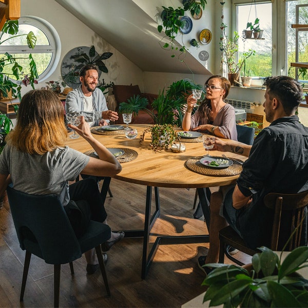 Extendable/Nonextendable round dining table. Solid oak Scandinavian table. Handcrafted, eco-friendly. Steel frame. Black table FJÄRIL BLACK