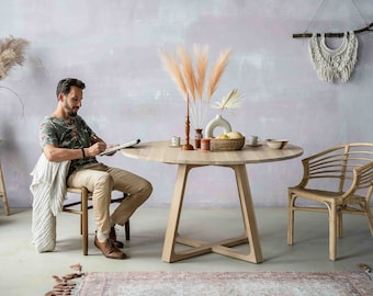 Table de salle à manger ronde extensible ou non extensible Finition effet chêne brut Table de salle à manger en bois rond  SLICE ROUND