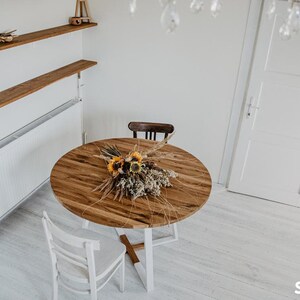 Extendable round kitchen table, modern dining room table, table with extendable oak top, rectangular table with steel frame, MÅNE WHITE image 2